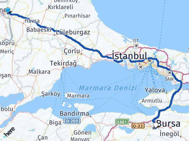 Edirne Yıldırım Bursa Arası Kaç Km - Yol Haritası