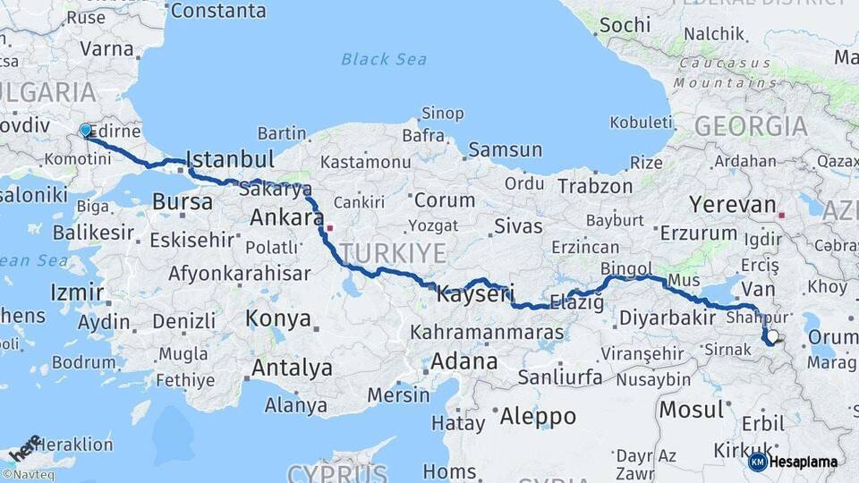 Edirne Yüksekova Hakkari Arası Kaç Km - Yol Haritası