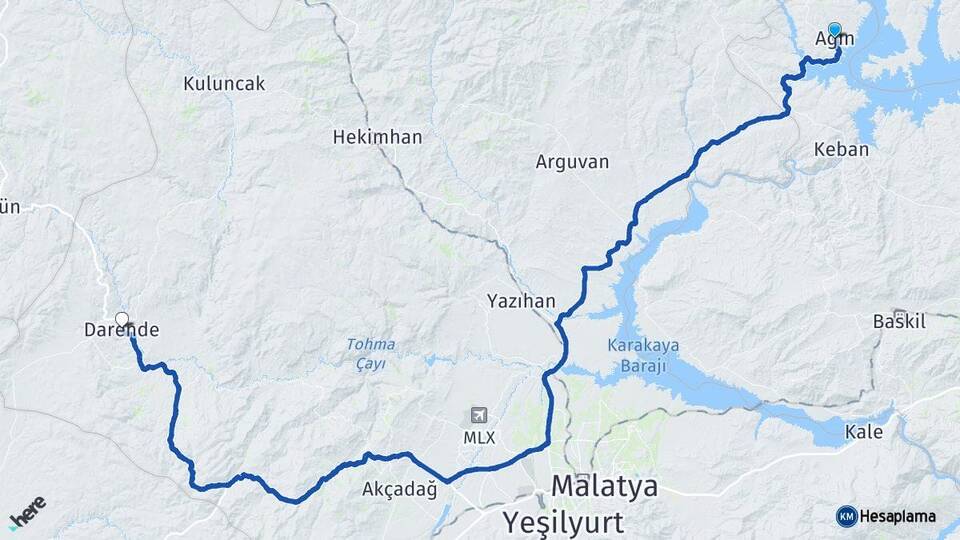 Elazığ Ağın Darende Malatya Arası Kaç Km - Yol Haritası