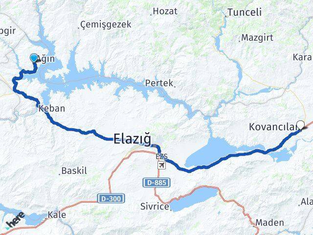 Elazığ Ağın Kovancılar Arası Kaç Km - Yol Haritası