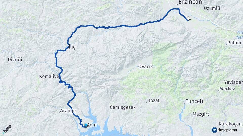 Elazığ Ağın Munzur Erzincan Arası Kaç Km - Yol Haritası