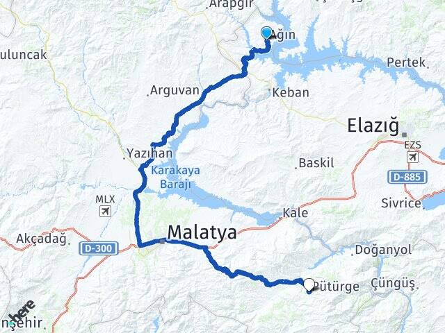 Elazığ Ağın Pütürge Malatya Arası Kaç Km - Yol Haritası