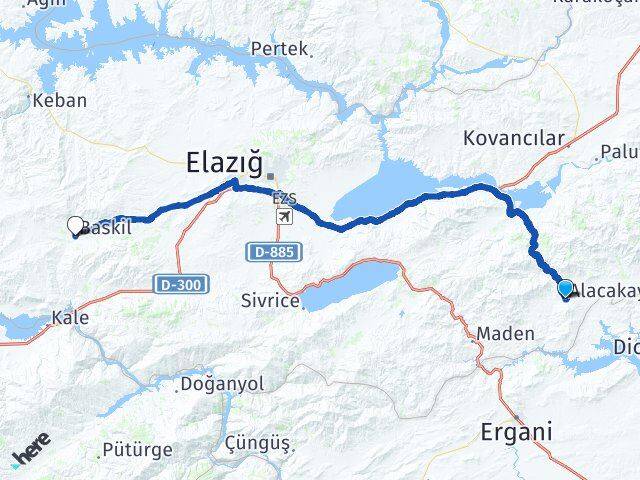 Elazığ Alacakaya Baskil Arası Kaç Km - Yol Haritası