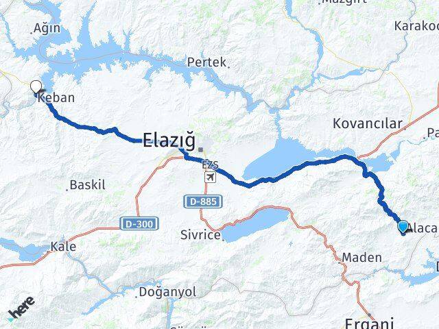 Elazığ Alacakaya Keban Arası Kaç Km - Yol Haritası