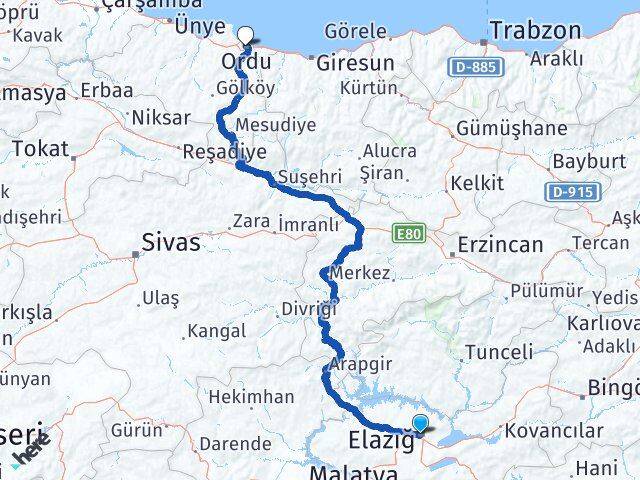 Elazığ Altınordu Arası Kaç Km - Yol Haritası