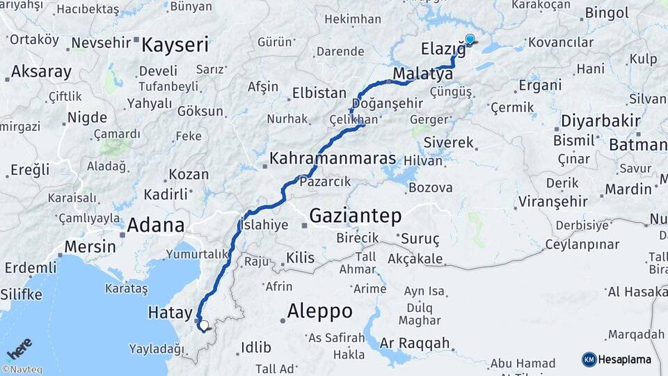 Elazığ Altınözü Hatay Arası Kaç Km - Yol Haritası