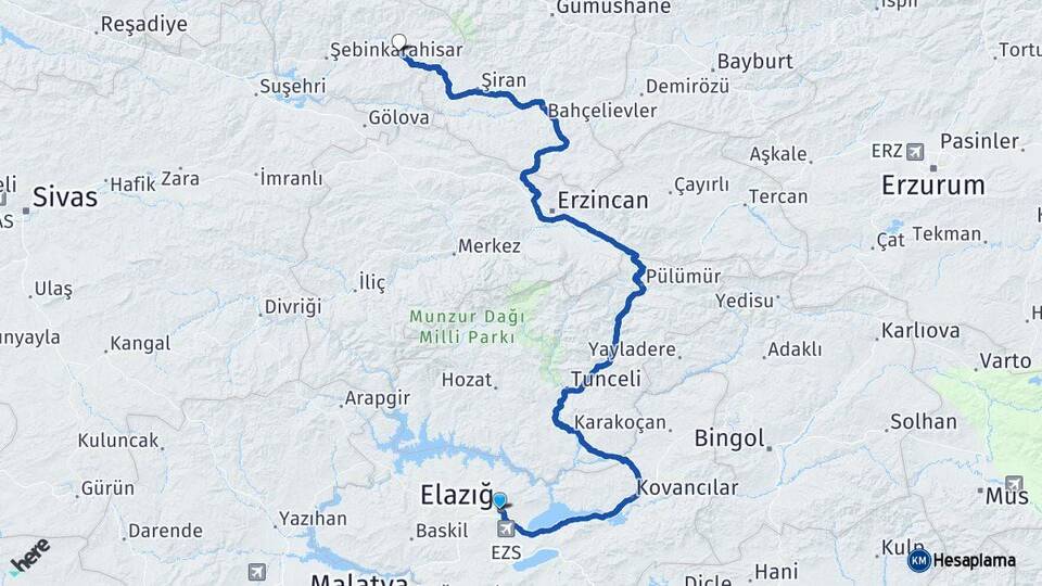 Elazığ Alucra Giresun Arası Kaç Km - Yol Haritası