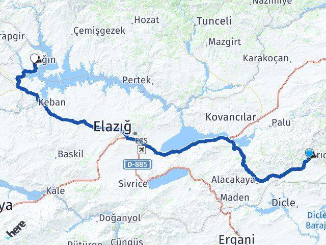 Elazığ Arıcak Ağın Arası Kaç Km - Yol Haritası