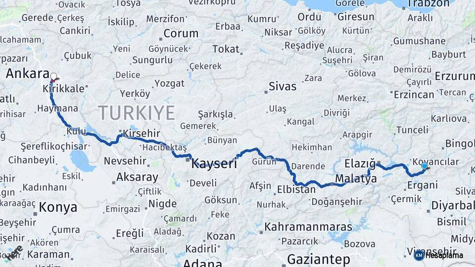 Elazığ Arıcak Ankara Arası Kaç Km - Yol Haritası