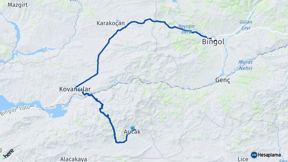 Elazığ Arıcak Bingöl Arası Kaç Km - Yol Haritası