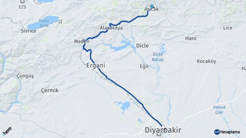 Elazığ Arıcak Diyarbakır Arası Kaç Km - Yol Haritası