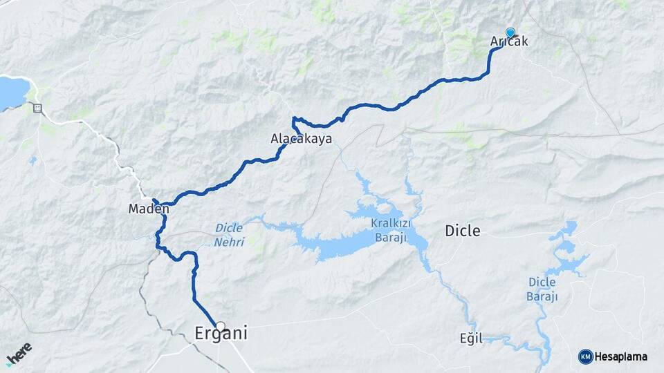 Elazığ Arıcak Ergani Diyarbakır Arası Kaç Km - Yol Haritası