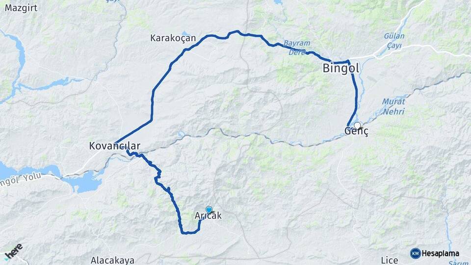 Elazığ Arıcak Genç Bingöl Arası Kaç Km - Yol Haritası