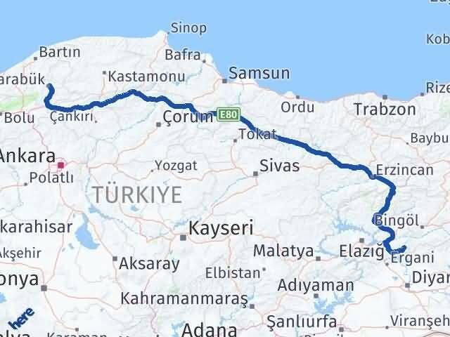 Elazığ Arıcak Karabük Arası Kaç Km - Yol Haritası