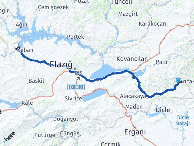 Elazığ Arıcak Keban Arası Kaç Km - Yol Haritası