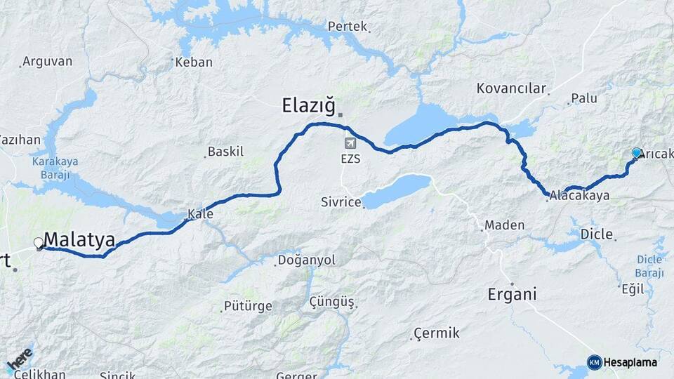 Elazığ Arıcak Malatya Arası Kaç Km - Yol Haritası