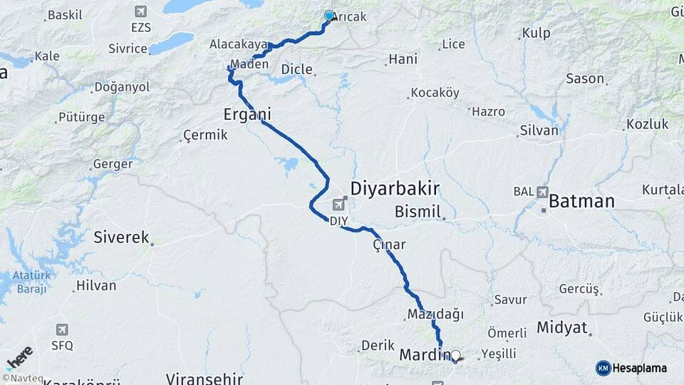 Elazığ Arıcak Mardin Arası Kaç Km - Yol Haritası