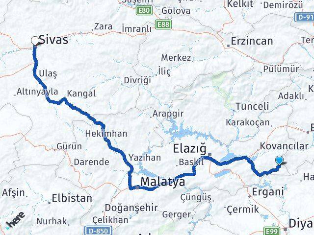 Elazığ Arıcak Sivas Arası Kaç Km - Yol Haritası
