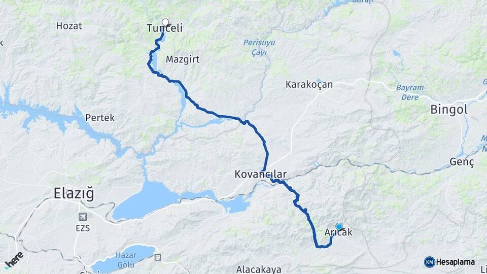 Elazığ Arıcak Tunceli Arası Kaç Km - Yol Haritası