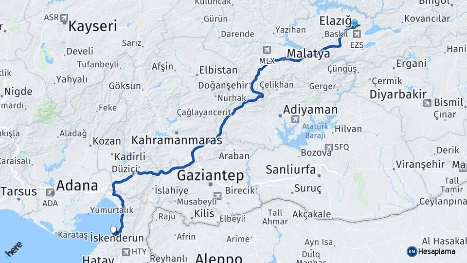 Elazığ Arsuz Hatay Arası Kaç Km - Yol Haritası