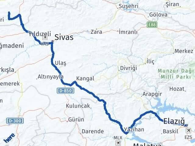 Elazığ Artova Tokat Arası Kaç Km - Yol Haritası
