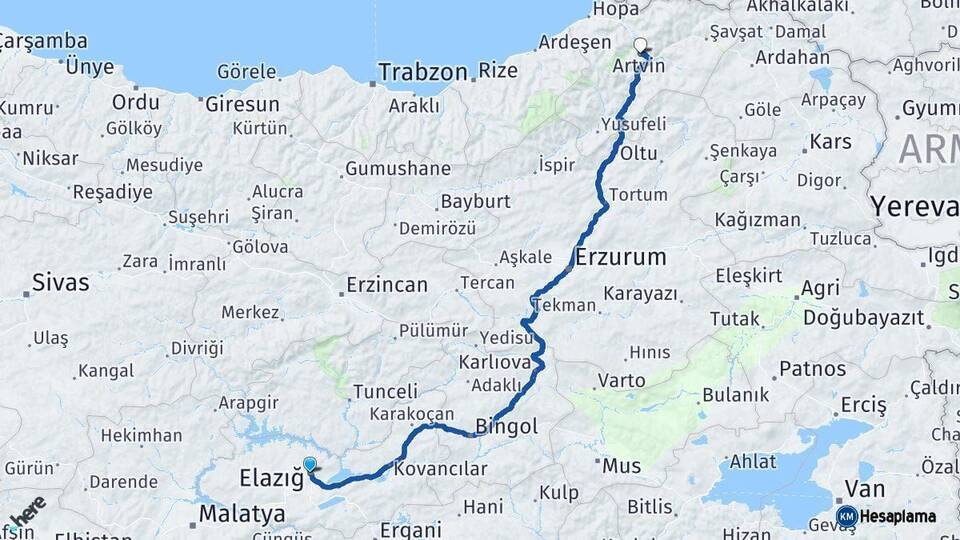 Elazığ Artvin Arası Kaç Km - Yol Haritası