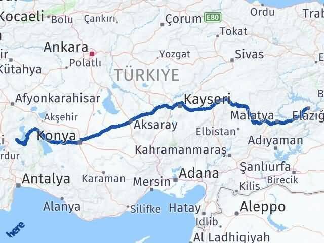 Elazığ Atabey Isparta Arası Kaç Km - Yol Haritası