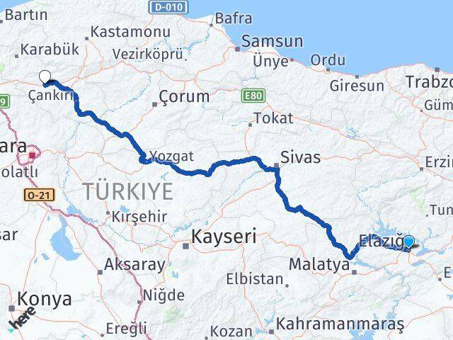 Elazığ Atkaracalar Çankırı Arası Kaç Km - Yol Haritası