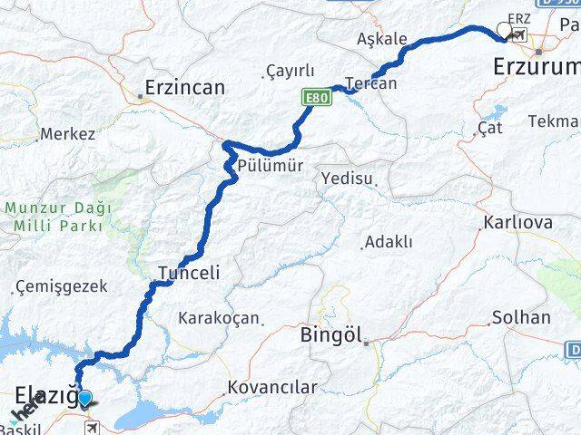 Elazığ Aziziye Erzurum Arası Kaç Km - Yol Haritası