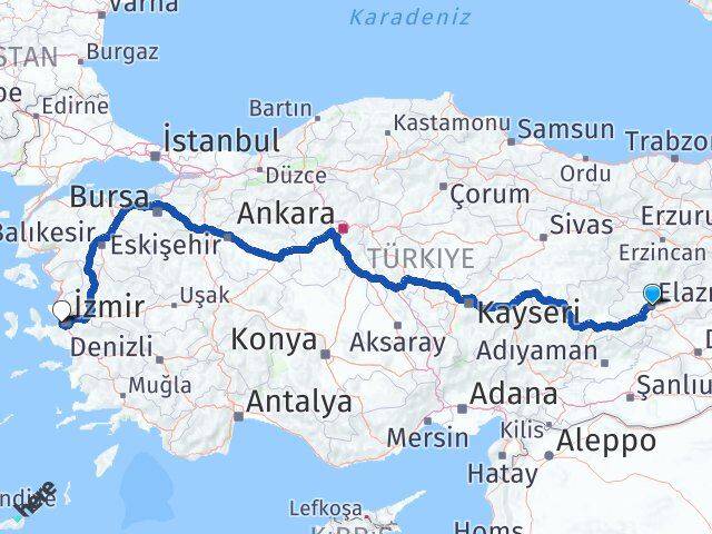 Elazığ Balçova İzmir Arası Kaç Km - Yol Haritası
