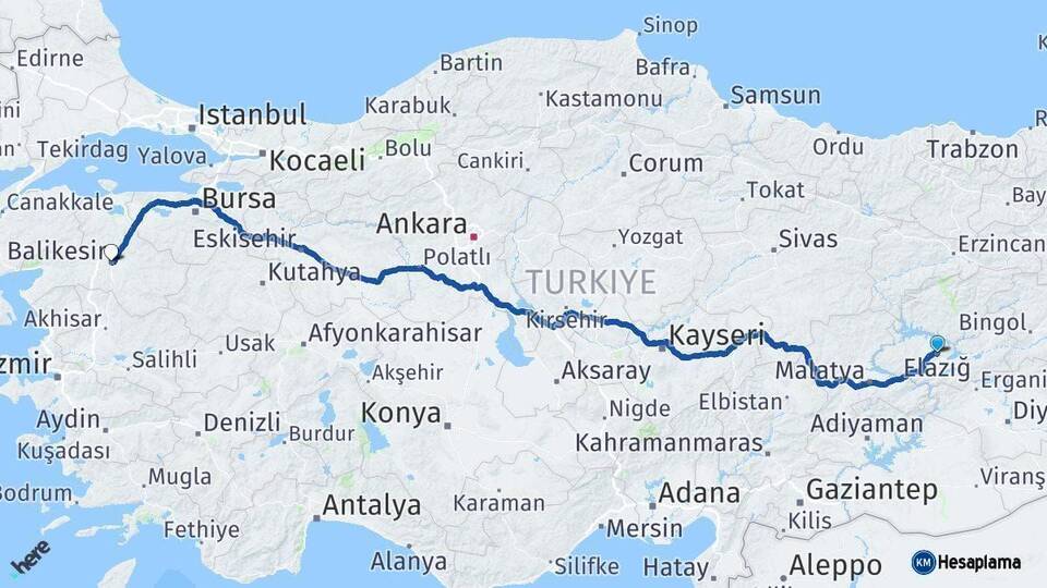 Elazığ Balıkesir Arası Kaç Km - Yol Haritası