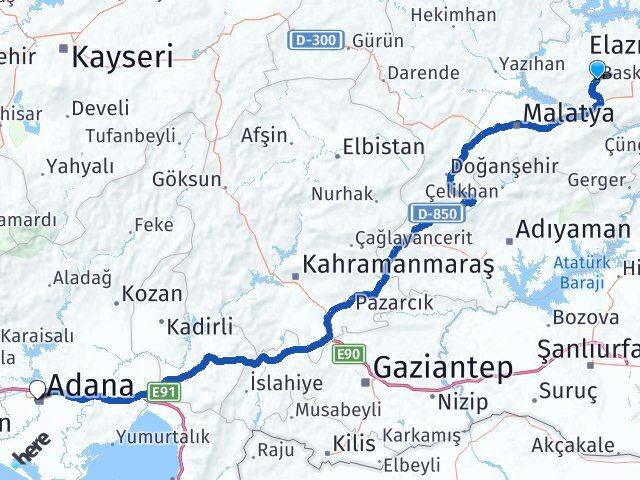 Elazığ Baskil Adana Arası Kaç Km - Yol Haritası