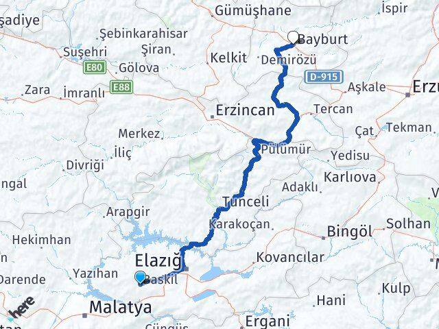 Elazığ Baskil Bayburt Arası Kaç Km - Yol Haritası