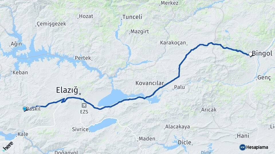 Elazığ Baskil Bingöl Arası Kaç Km - Yol Haritası