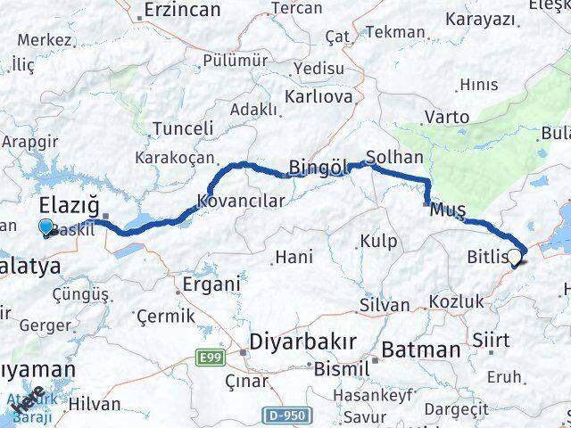 Elazığ Baskil Bitlis Arası Kaç Km - Yol Haritası