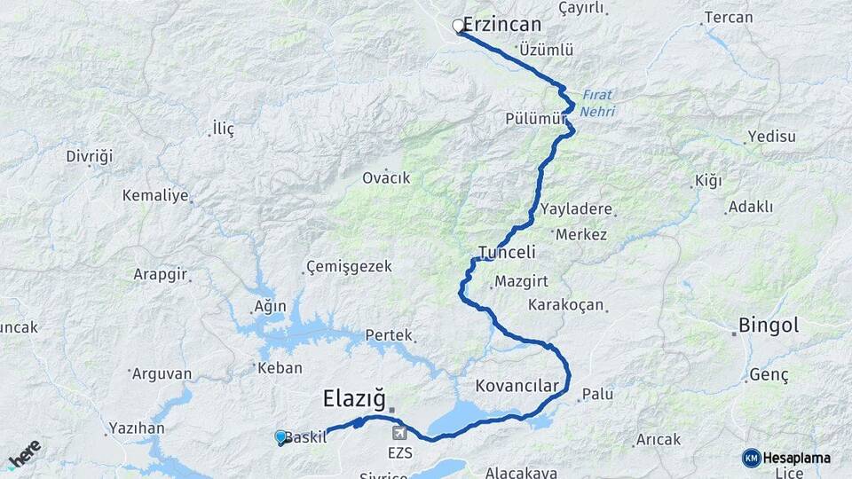 Elazığ Baskil Erzincan Arası Kaç Km - Yol Haritası