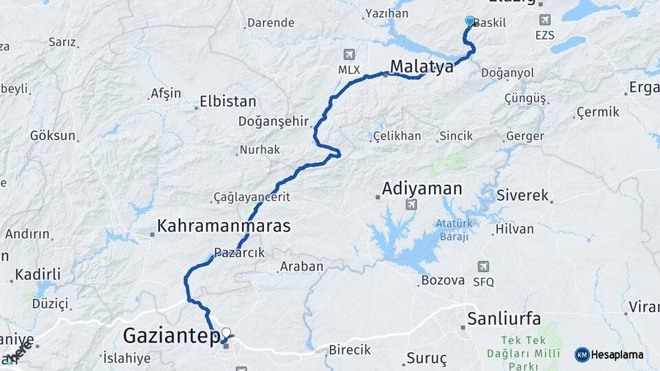 Elazığ Baskil Gaziantep Arası Kaç Km - Yol Haritası