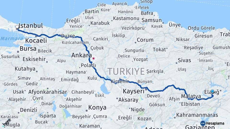 Elazığ Baskil İstanbul Arası Kaç Km - Yol Haritası