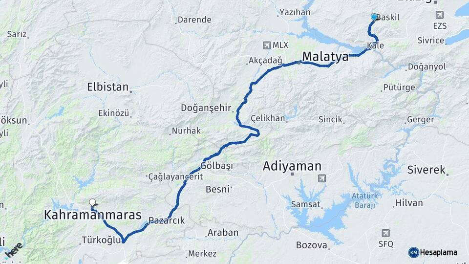 Elazığ Baskil Kahramanmaraş Arası Kaç Km - Yol Haritası