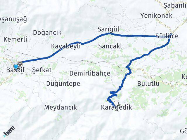 Elazığ Baskil Karagedik Baskil Arası Kaç Km - Yol Haritası