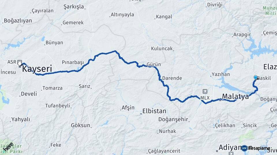 Elazığ Baskil Kayseri Arası Kaç Km - Yol Haritası