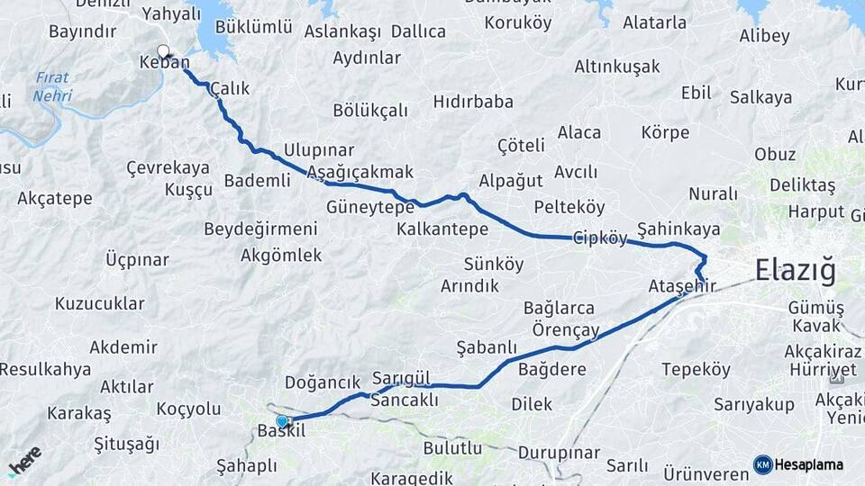 Elazığ Baskil Keban Arası Kaç Km - Yol Haritası