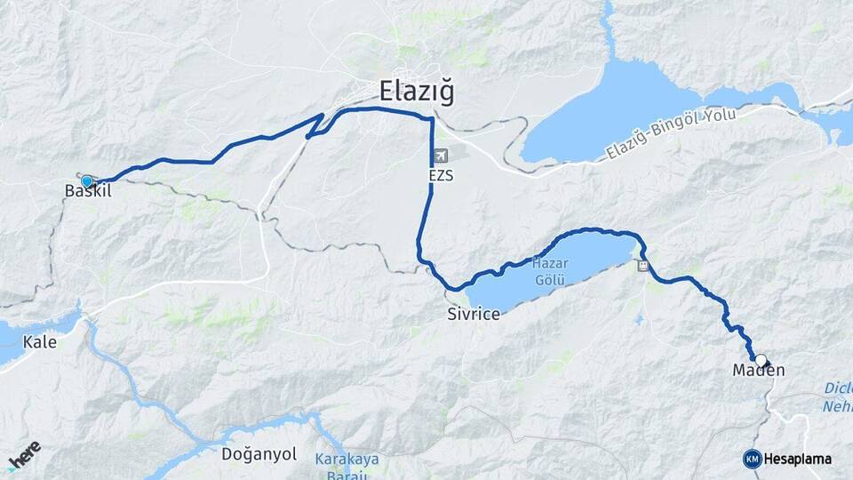Elazığ Baskil Maden Arası Kaç Km - Yol Haritası