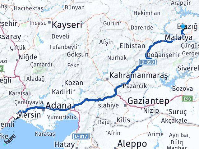 Elazığ Baskil Mersin Arası Kaç Km - Yol Haritası