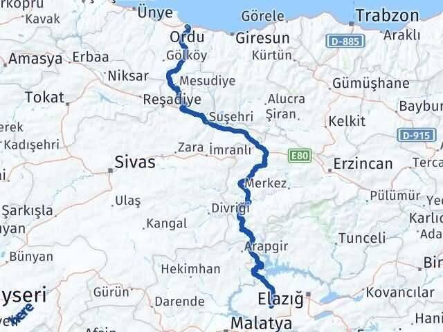 Elazığ Baskil Ordu Arası Kaç Km - Yol Haritası