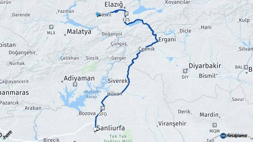 Elazığ Baskil Şanlıurfa Arası Kaç Km - Yol Haritası