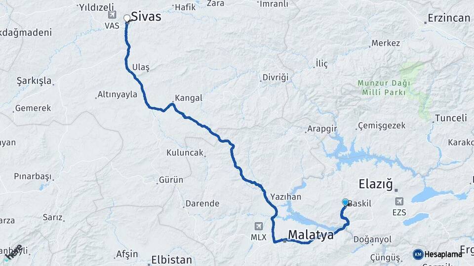 Elazığ Baskil Sivas Arası Kaç Km - Yol Haritası
