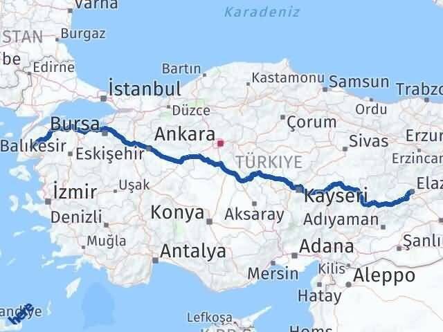 Elazığ Bayramiç Çanakkale Arası Kaç Km - Yol Haritası