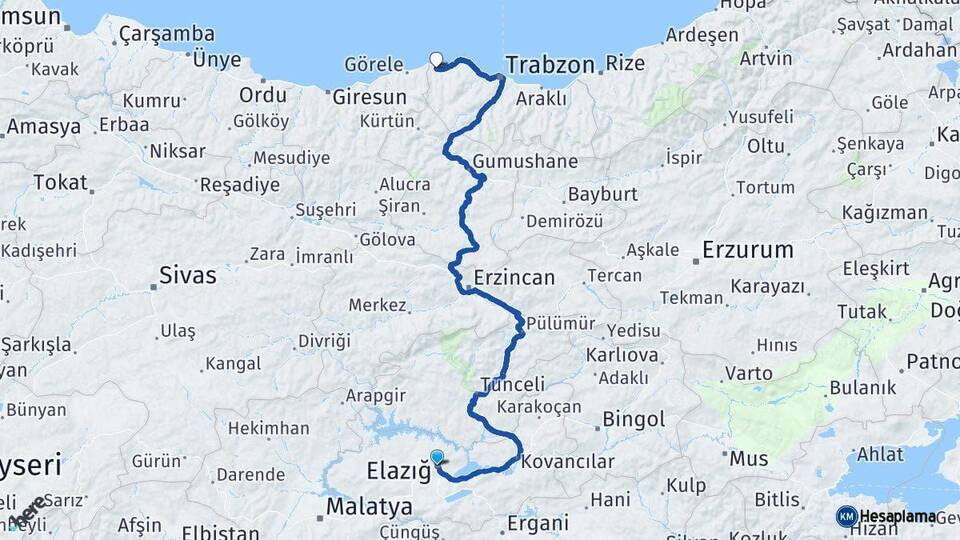 Elazığ Beşikdüzü Trabzon Arası Kaç Km - Yol Haritası