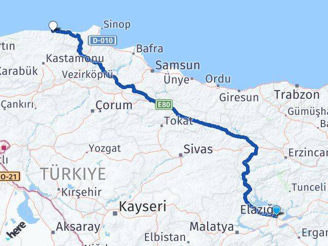 Elazığ Bozkurt Kastamonu Arası Kaç Km - Yol Haritası